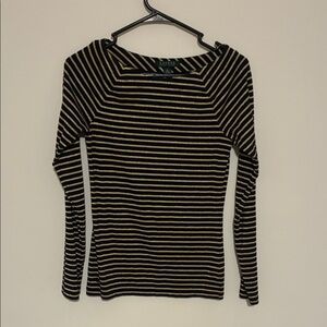Ralph Lauren Women's Long Sleeve Top in Black and Gold Stripes